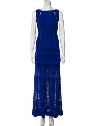 Pre-owned Herve Leger Scoop Neck Long Dress In Blue