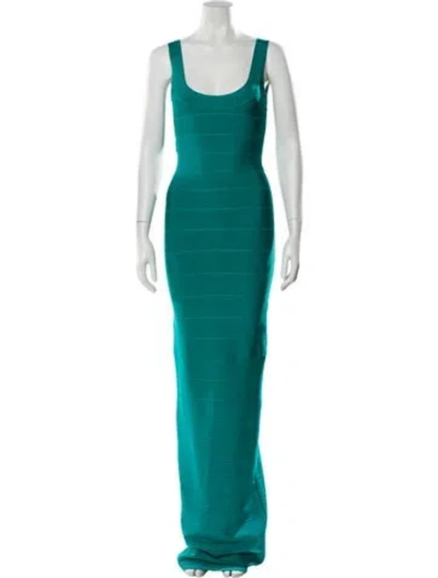 Pre-owned Herve Leger Scoop Neck Long Dress In Green