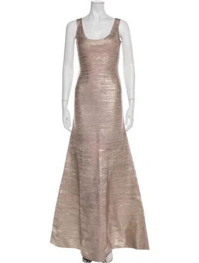 Pre-owned Herve Leger Scoop Neck Long Dress In Metallic/pink
