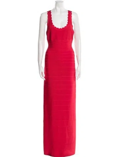 Pre-owned Herve Leger Scoop Neck Long Dress In Red