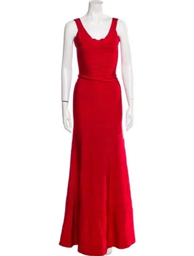 Pre-owned Herve Leger Scoop Neck Long Dress In Red