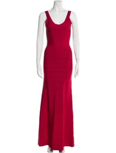 Pre-owned Herve Leger Scoop Neck Long Dress In Red