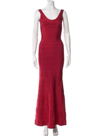 Pre-owned Herve Leger Scoop Neck Long Dress In Red