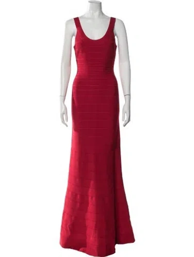 Pre-owned Herve Leger Scoop Neck Long Dress In Red