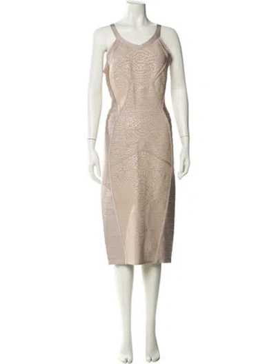 Pre-owned Herve Leger Scoop Neck Midi Length Dress In Neutral