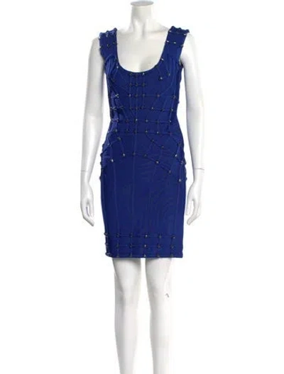 Pre-owned Herve Leger Scoop Neck Mini Dress In Blue