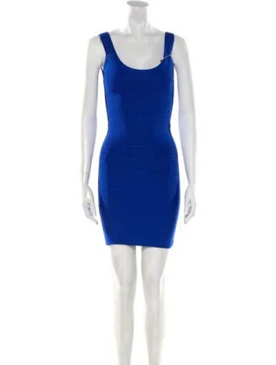 Pre-owned Herve Leger Scoop Neck Mini Dress In Blue