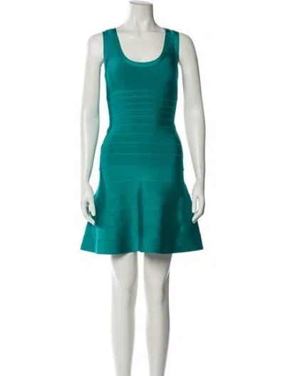 Pre-owned Herve Leger Scoop Neck Mini Dress In Blue