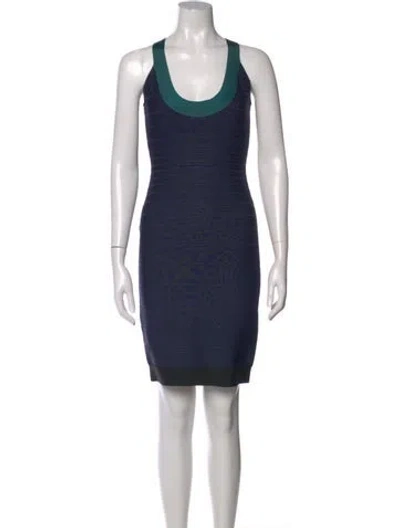 Pre-owned Herve Leger Scoop Neck Mini Dress In Blue
