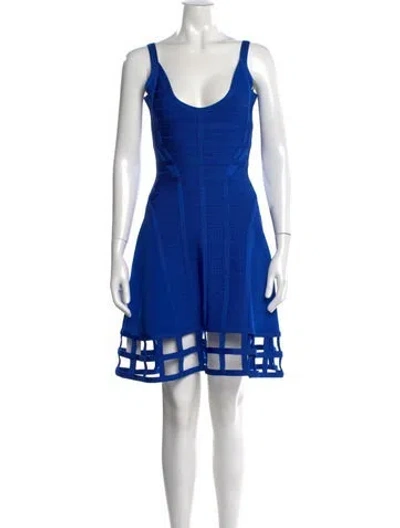 Pre-owned Herve Leger Scoop Neck Mini Dress In Blue