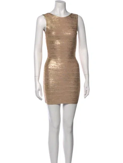 Pre-owned Herve Leger Scoop Neck Mini Dress In Gold