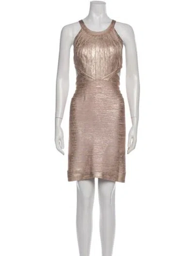 Pre-owned Herve Leger Scoop Neck Mini Dress In Gold