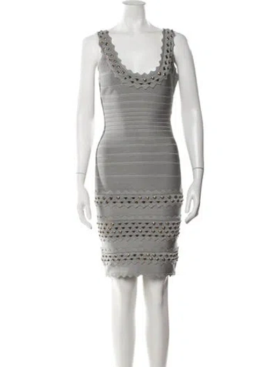 Pre-owned Herve Leger Scoop Neck Mini Dress In Gray