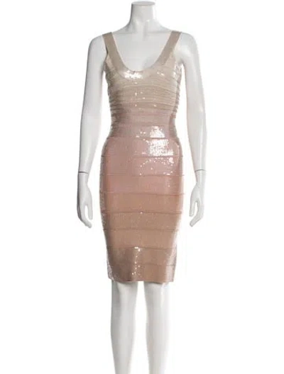 Pre-owned Herve Leger Scoop Neck Mini Dress In Neutral