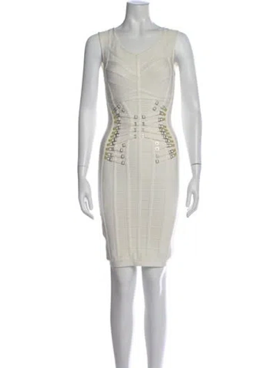 Pre-owned Herve Leger Scoop Neck Mini Dress In Neutral