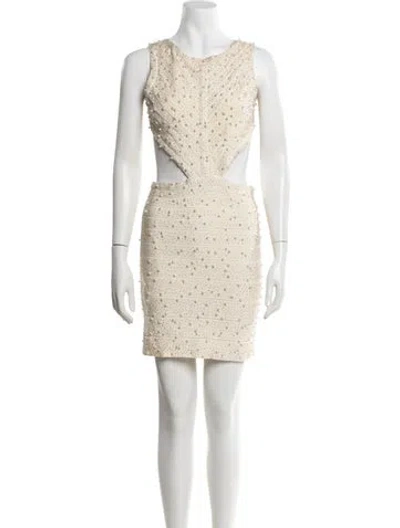 Pre-owned Herve Leger Scoop Neck Mini Dress In Neutrals
