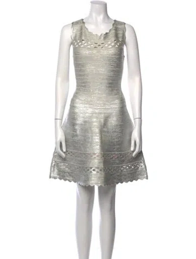 Pre-owned Herve Leger Scoop Neck Mini Dress In Silver