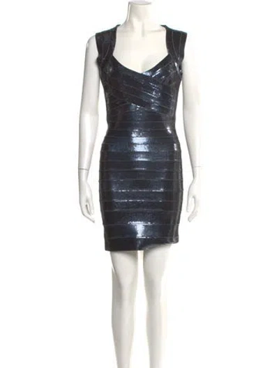 Pre-owned Herve Leger Scoop Neck Mini Dress W/ Tags In Blue