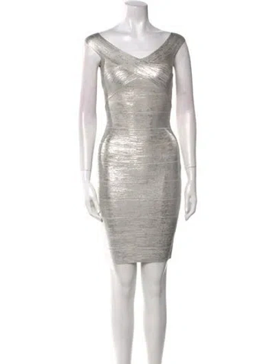 Pre-owned Herve Leger Scoop Neck Mini Dress W/ Tags In Silver