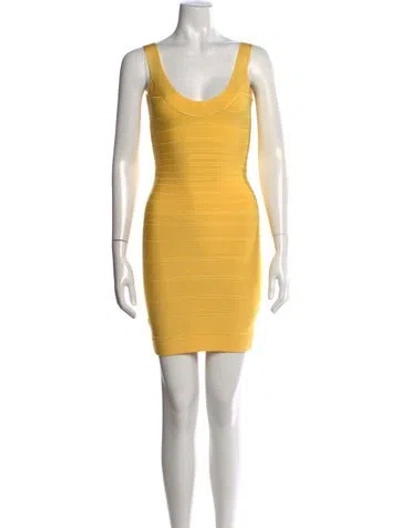 Pre-owned Herve Leger Scoop Neck Mini Dress In Yellow