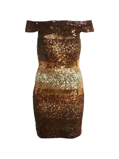 Pre-owned Herve Leger Sequin Off-shoulder Mini Dress In Brown
