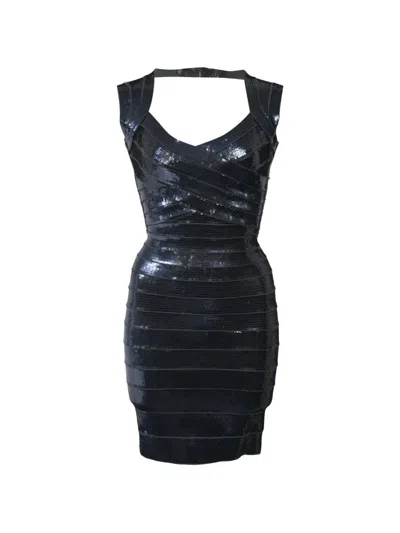 Pre-owned Herve Leger Sequined Bodycon Dress In Blue