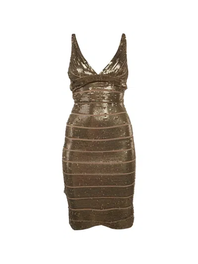 Pre-owned Herve Leger Sequin-embellished Dress In Gold