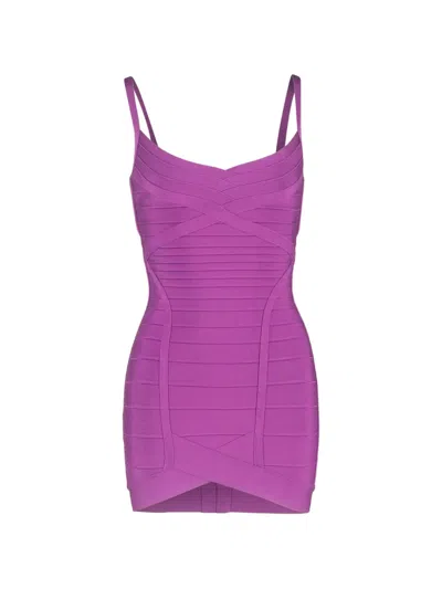 Pre-owned Herve Leger Spaghetti Strap Bandage Dress In Purple