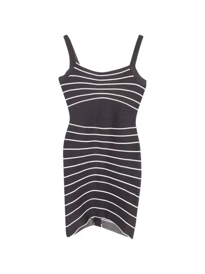 Pre-owned Herve Leger Square-neck Striped Mini Dress In Black