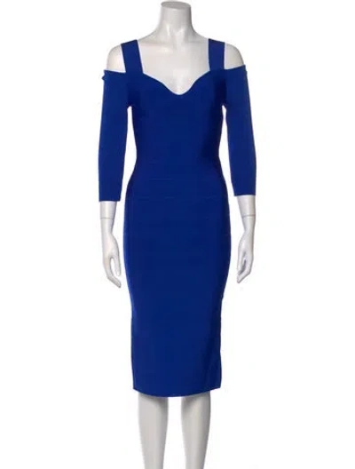 Pre-owned Herve Leger Square Neckline Knee-length Dress In Blue