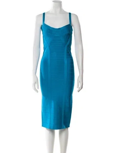 Pre-owned Herve Leger Square Neckline Knee-length Dress In Blue