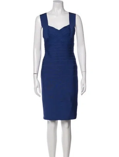 Pre-owned Herve Leger Square Neckline Knee-length Dress In Blue