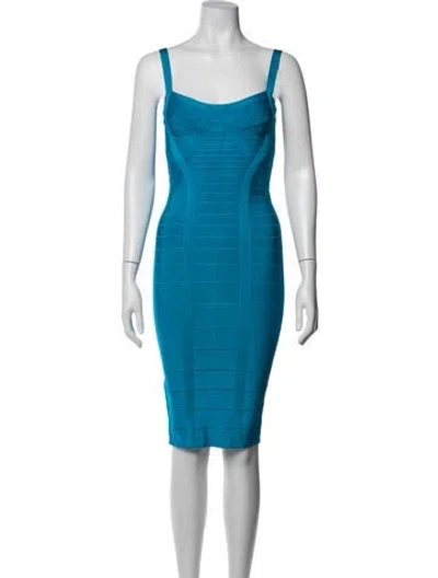 Pre-owned Herve Leger Square Neckline Knee-length Dress In Blue