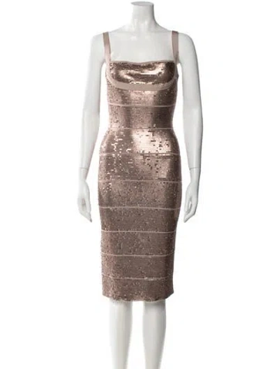 Pre-owned Herve Leger Square Neckline Knee-length Dress In Gold