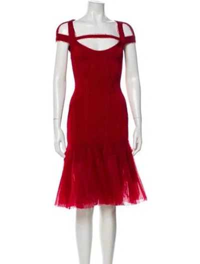 Pre-owned Herve Leger Square Neckline Knee-length Dress In Red