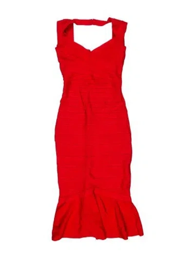 Pre-owned Herve Leger Square Neckline Knee-length Dress In Red