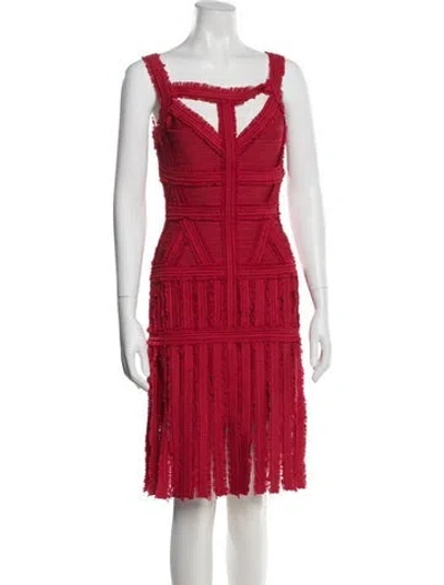 Pre-owned Herve Leger Square Neckline Knee-length Dress In Red
