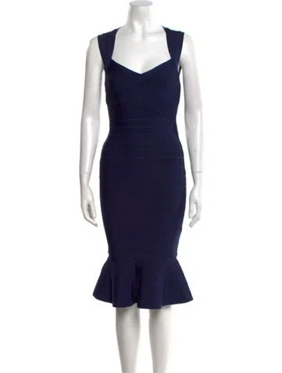Pre-owned Herve Leger Square Neckline Knee-length Dress W/ Tags In Blue