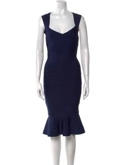Pre-owned Herve Leger Square Neckline Knee-length Dress W/ Tags In Blue