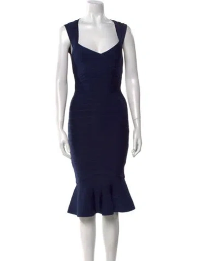 Pre-owned Herve Leger Square Neckline Knee-length Dress W/ Tags In Blue