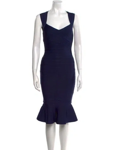 Pre-owned Herve Leger Square Neckline Knee-length Dress W/ Tags In Blue