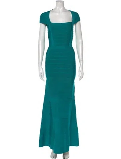 Pre-owned Herve Leger Square Neckline Long Dress In Blue
