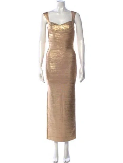 Pre-owned Herve Leger Square Neckline Long Dress In Gold
