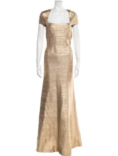 Pre-owned Herve Leger Square Neckline Long Dress In Gold/metallic