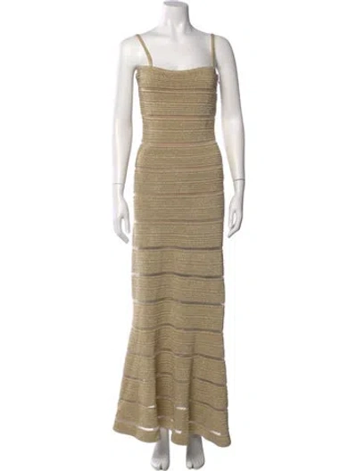 Pre-owned Herve Leger Square Neckline Long Dress In Neutral
