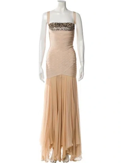 Pre-owned Herve Leger Square Neckline Long Dress In Neutral