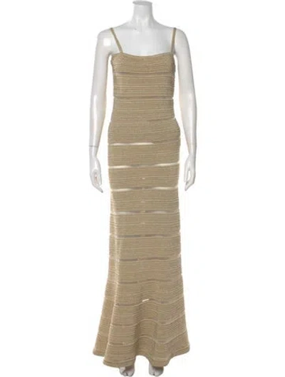 Pre-owned Herve Leger Square Neckline Long Dress In Neutral