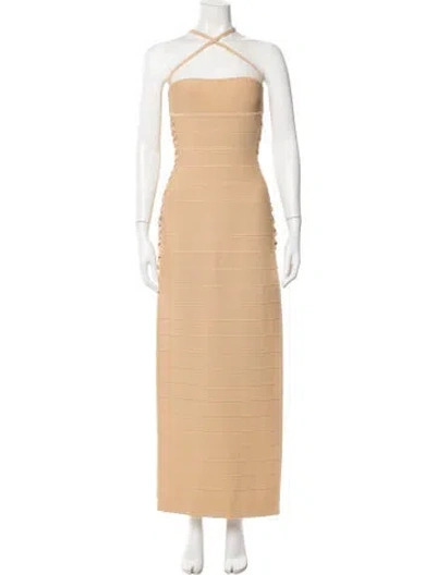 Pre-owned Herve Leger Square Neckline Long Dress In Neutral