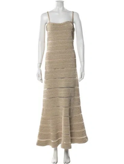 Pre-owned Herve Leger Square Neckline Long Dress In Neutral