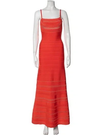 Pre-owned Herve Leger Square Neckline Long Dress In Orange